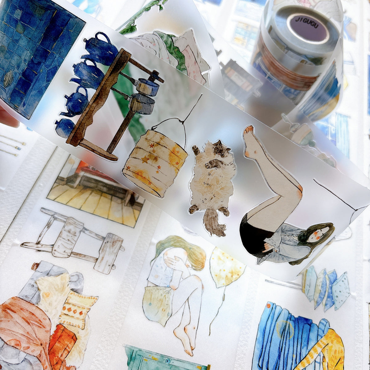 DingDing Vol.17【66#There is a Nest】Original Character Design Vintage Casualness Girl Washi/PET Tape Stickers, for Scrapbook Supplies,Scrapbook Tape Stickers,Junk Journal Supplies