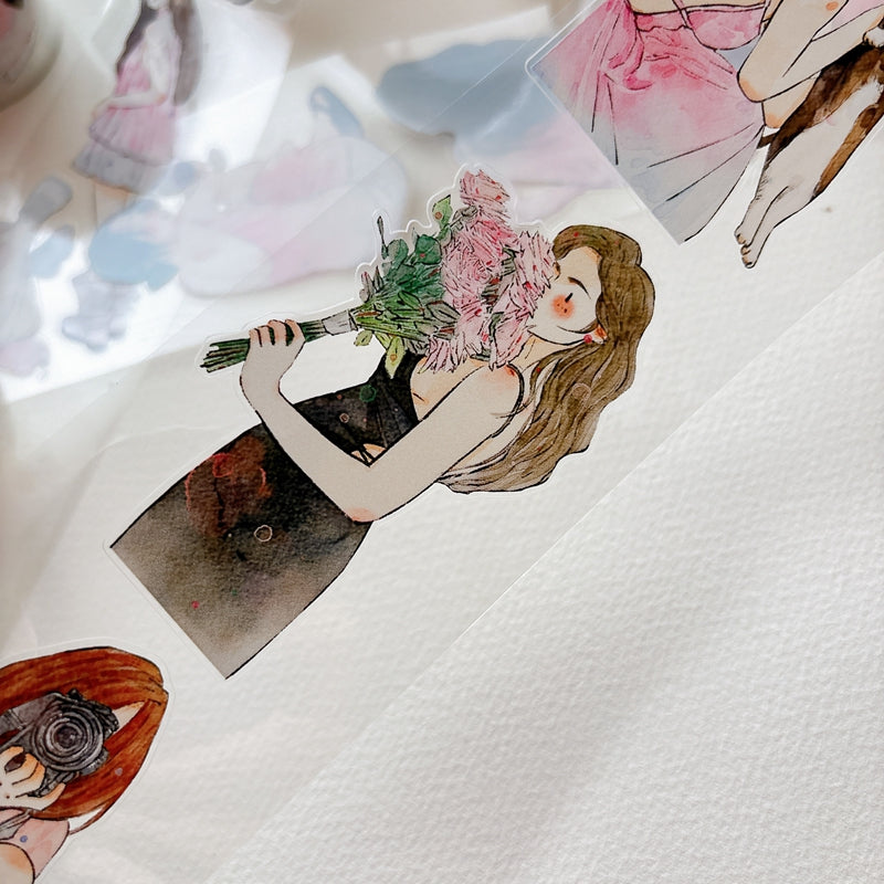 DingDing Vol.16【61#A Little Pink】Original Character Design Vintage Casualness Girl Washi/PET Tape Stickers, for Scrapbook Supplies,Scrapbook Tape Stickers,Junk Journal Supplies