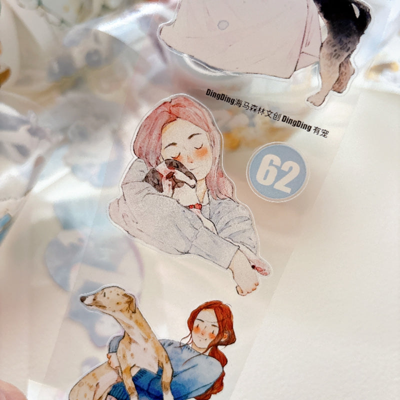 DingDing Vol.16【62#Having a Pet】Original Character Design Vintage Casualness Girl&Pet Washi/PET Tape Stickers, for Scrapbook Supplies,Scrapbook Tape Stickers,Junk Journal Supplies