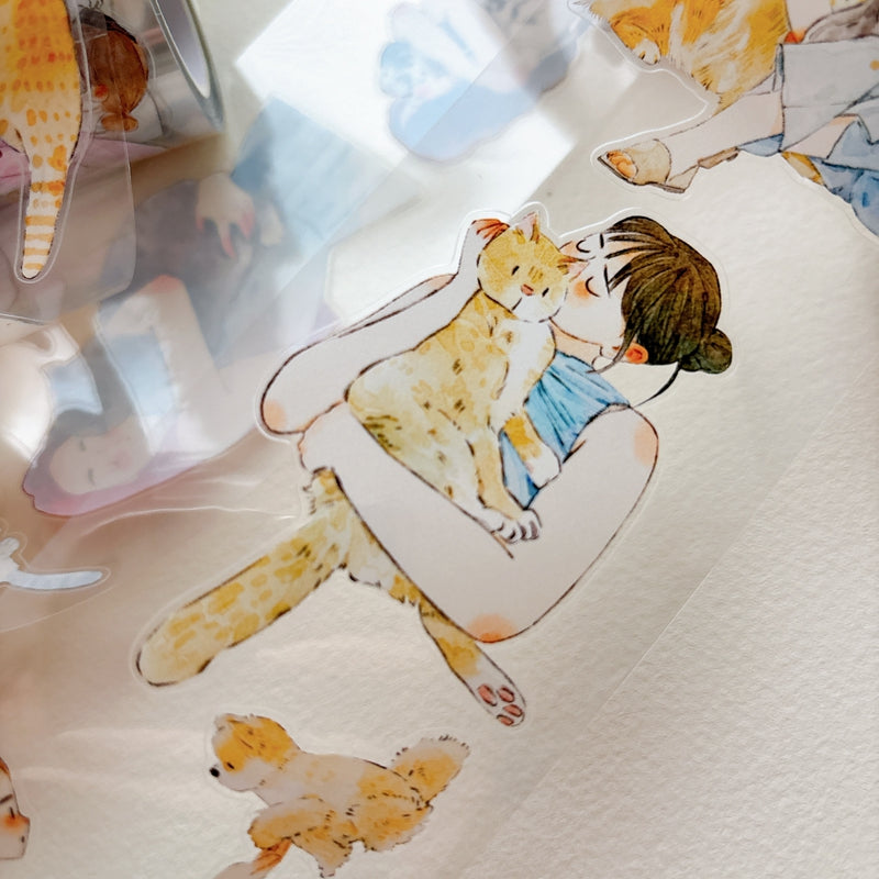 DingDing Vol.16【62#Having a Pet】Original Character Design Vintage Casualness Girl&Pet Washi/PET Tape Stickers, for Scrapbook Supplies,Scrapbook Tape Stickers,Junk Journal Supplies