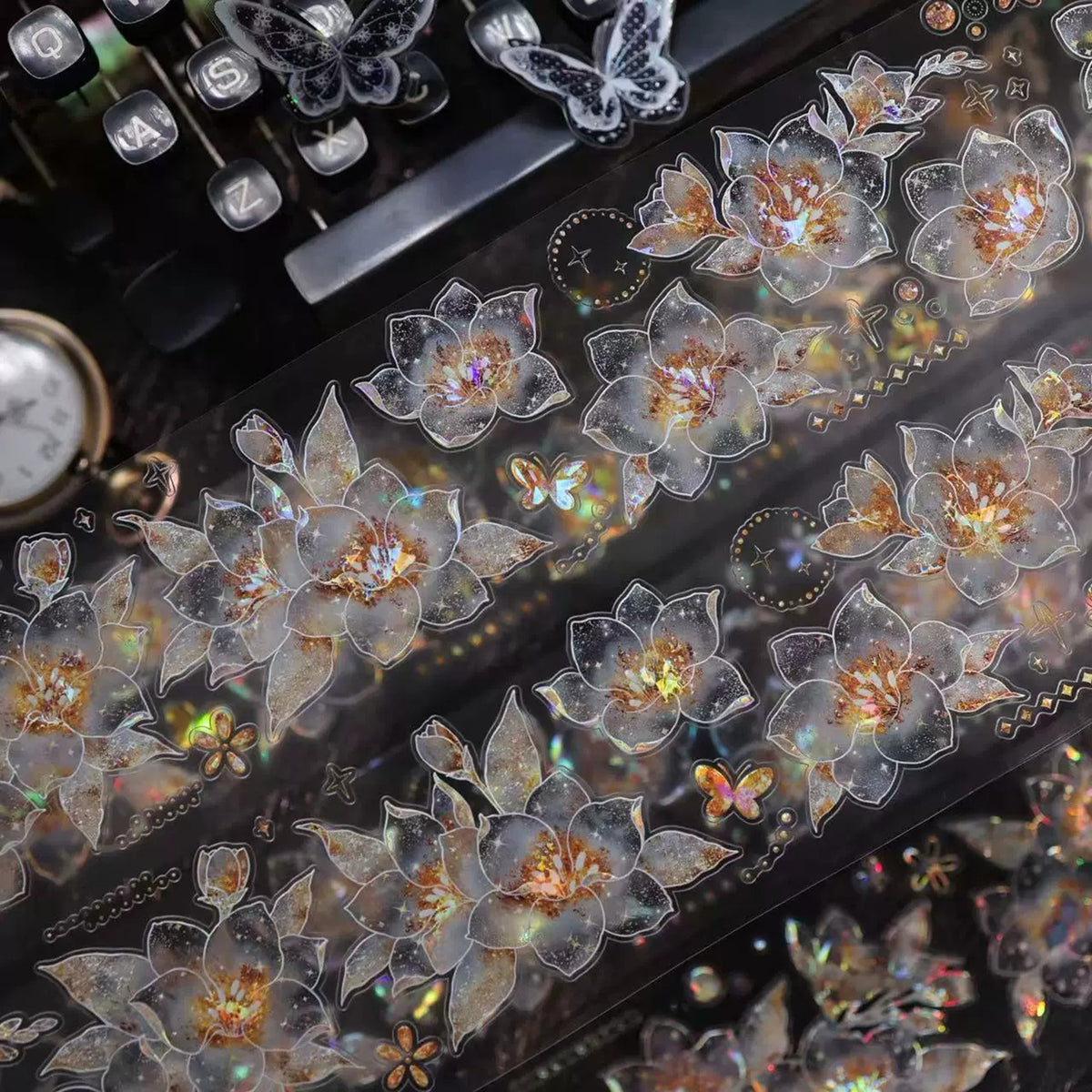 YiEr Vol18【Starfall Cymbidium】Pre-cut Orginal Design Vintage Transparent Golden Flower Planner Sticker Pet Washi Tape