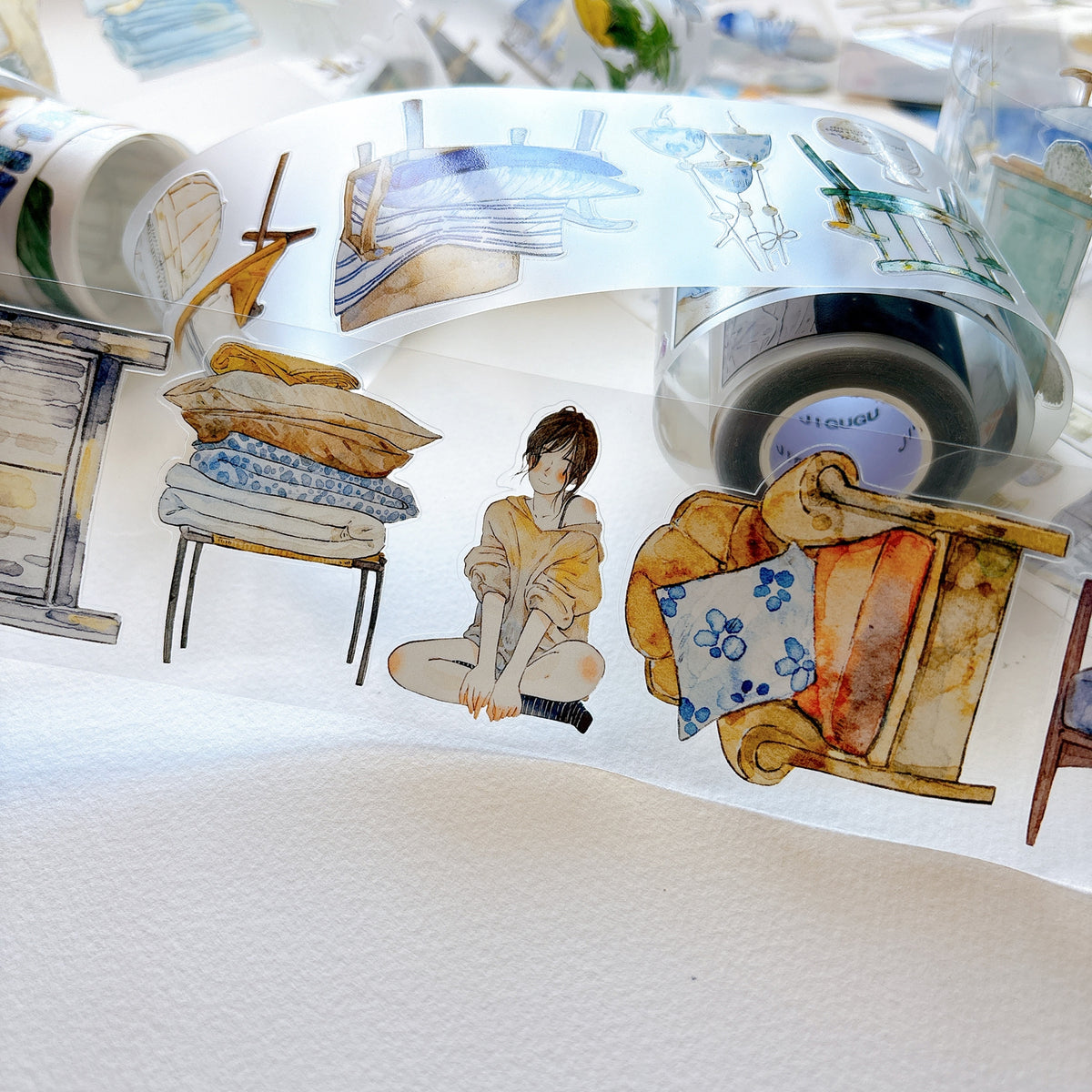 DingDing Vol.17【66#There is a Nest】Original Character Design Vintage Casualness Girl Washi/PET Tape Stickers, for Scrapbook Supplies,Scrapbook Tape Stickers,Junk Journal Supplies