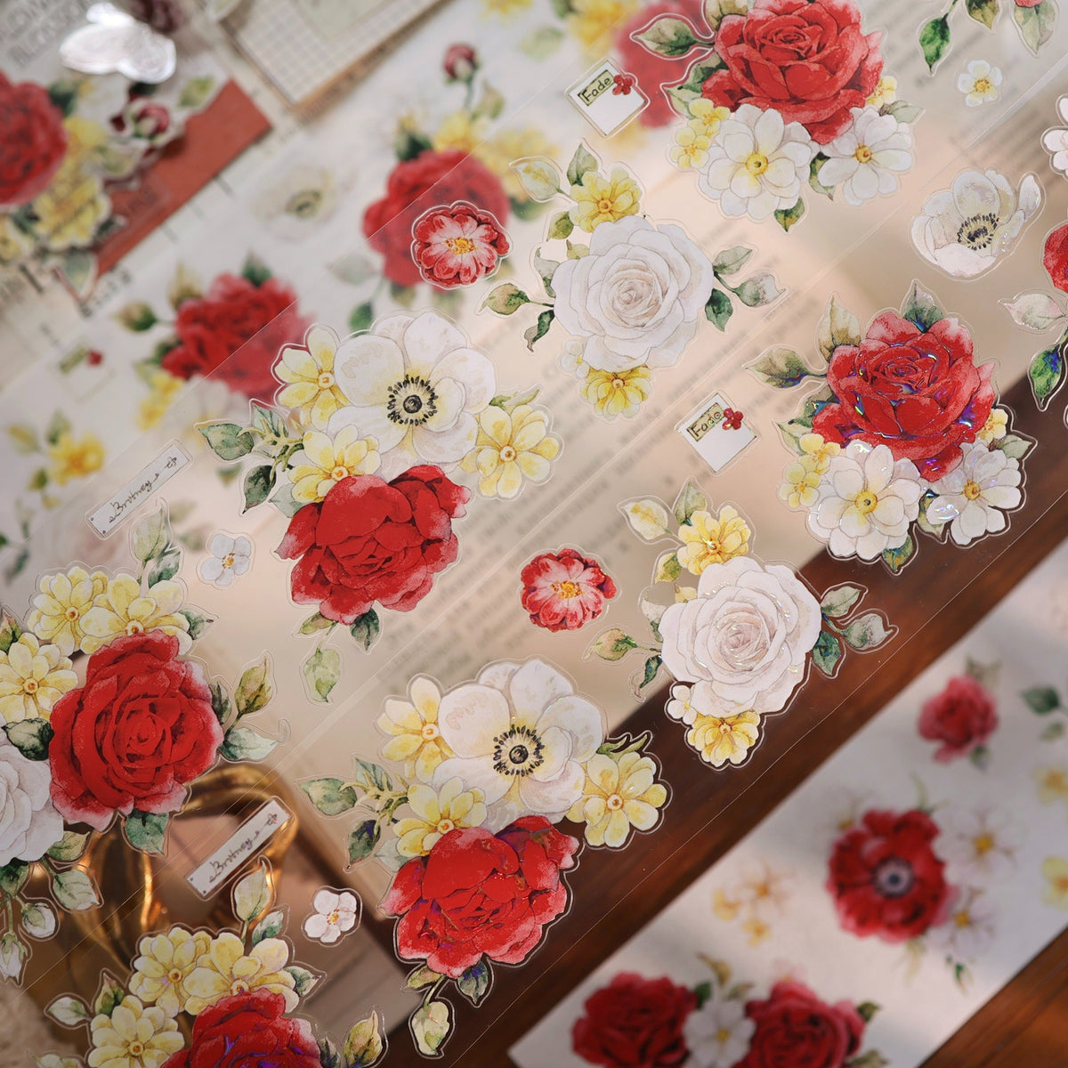 YiEr Vol18【Zhu Bai Qing Fang】Pre-cut Orginal Design Red Rose Washi Tape and PET Stickers