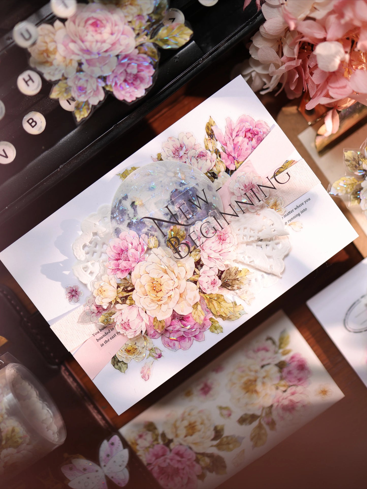 YiEr Vol17【Peach Mist and White Fluff】Kiss-cut Floral Washi Tape and PET Stickers