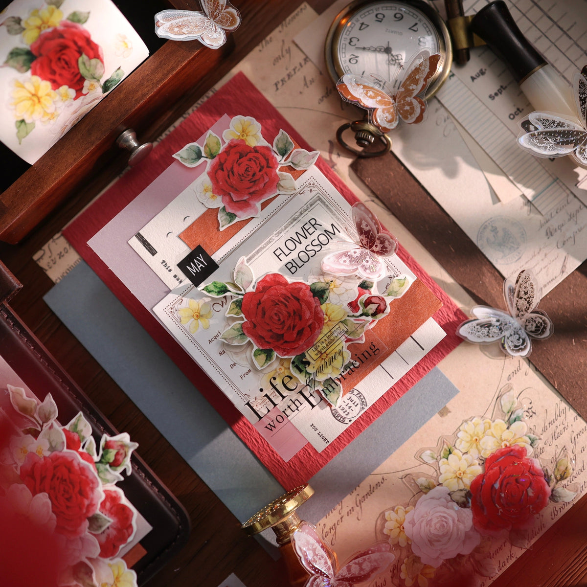 YiEr Vol18【Zhu Bai Qing Fang】Pre-cut Orginal Design Red Rose Washi Tape and PET Stickers