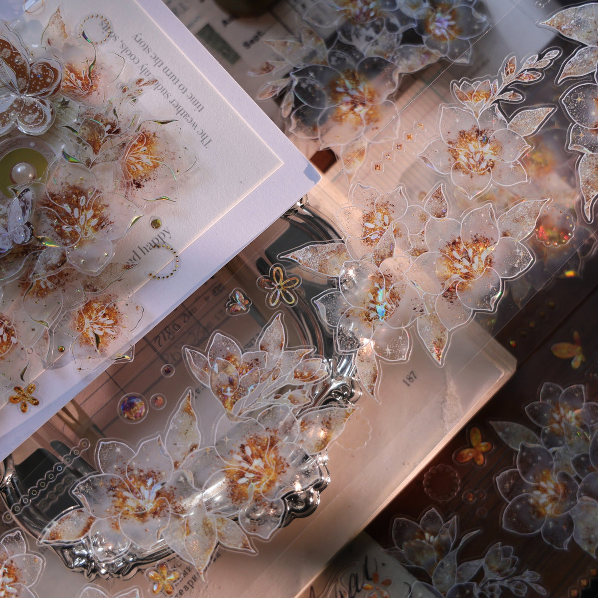 YiEr Vol18【Starfall Cymbidium】Pre-cut Orginal Design Vintage Transparent Golden Flower Planner Sticker Pet Washi Tape