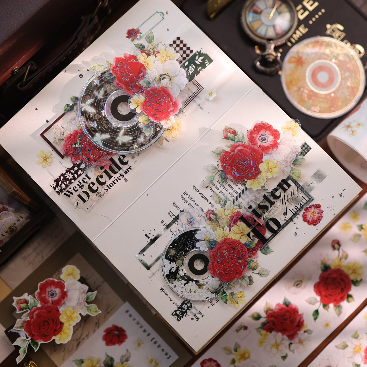 YiEr Vol18【Zhu Bai Qing Fang】Pre-cut Orginal Design Red Rose Washi Tape and PET Stickers