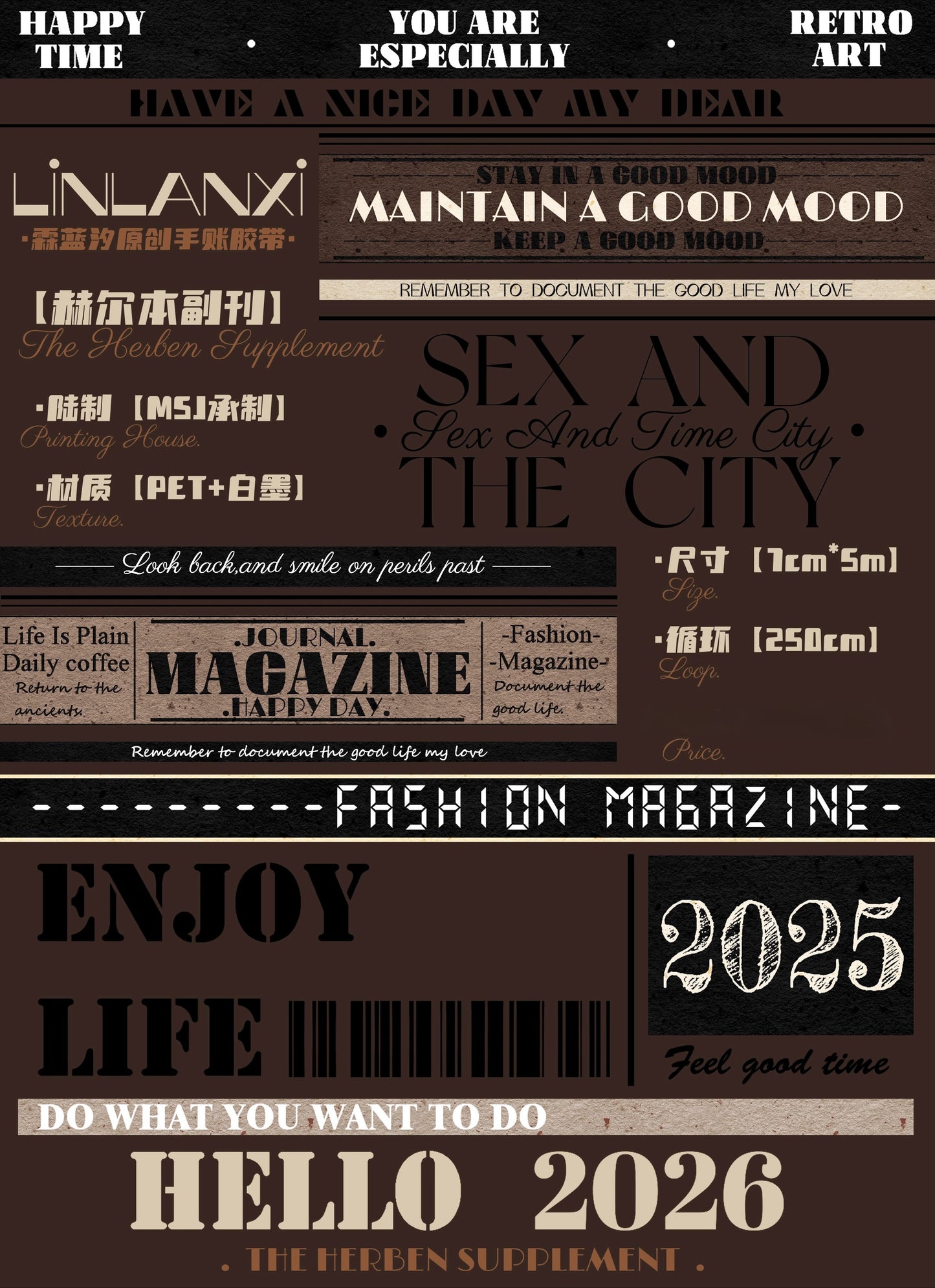 Linlanxi 【Herben Supplement】Original  Washi/Pet Tape - New Fashion Retro Wider English Counted Tape