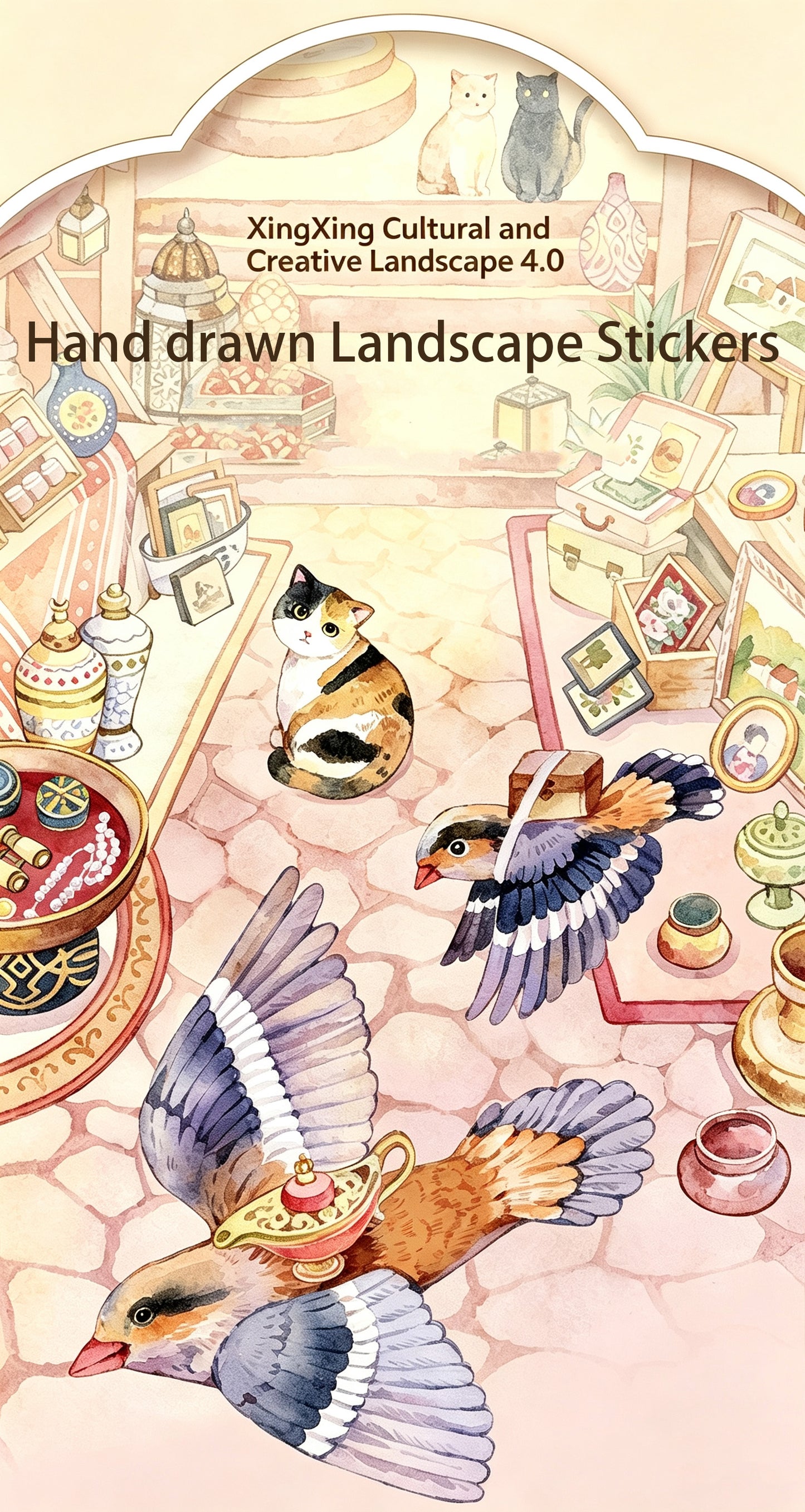 XingXing 4.0 Healing Watercolor Hand drawn Landscape Stickers Cat Street Museum Study