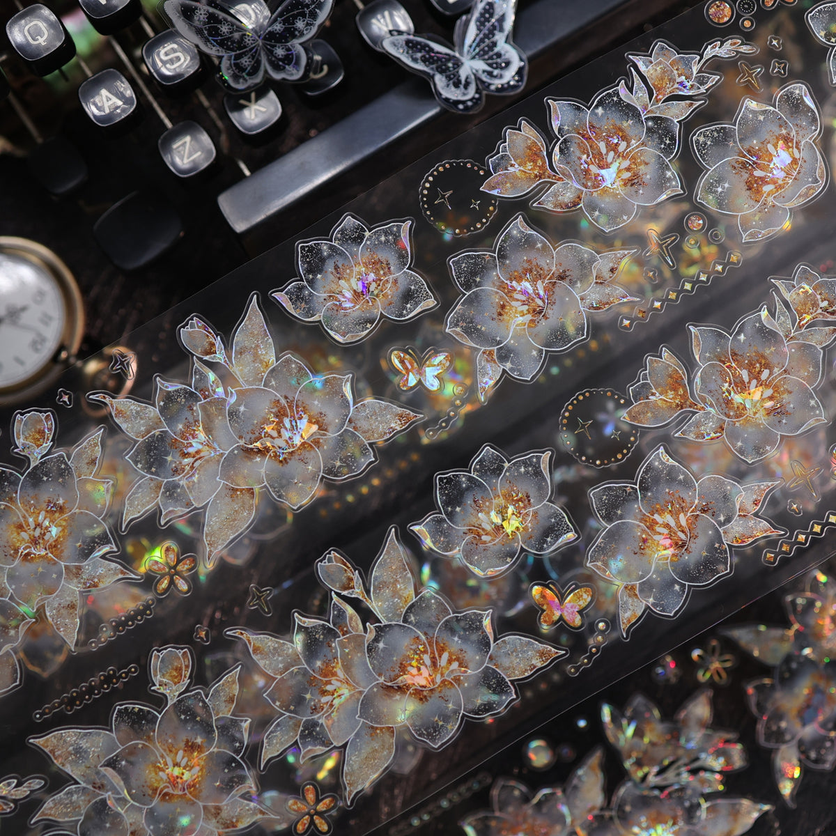 YiEr Vol18【Starfall Cymbidium】Pre-cut Orginal Design Vintage Transparent Golden Flower Planner Sticker Pet Washi Tape