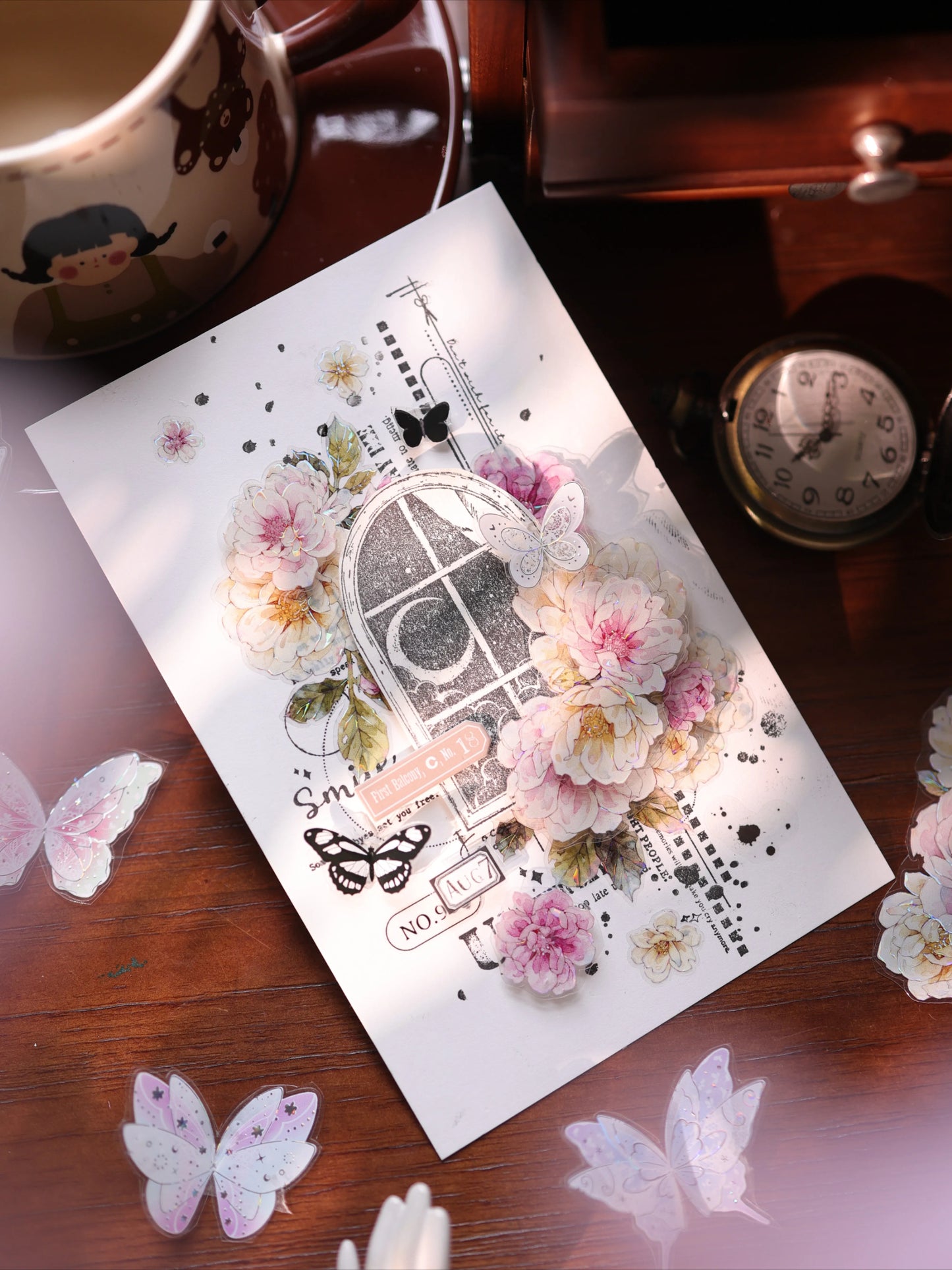 YiEr Vol17【Peach Mist and White Fluff】Kiss-cut Floral Washi Tape and PET Stickers