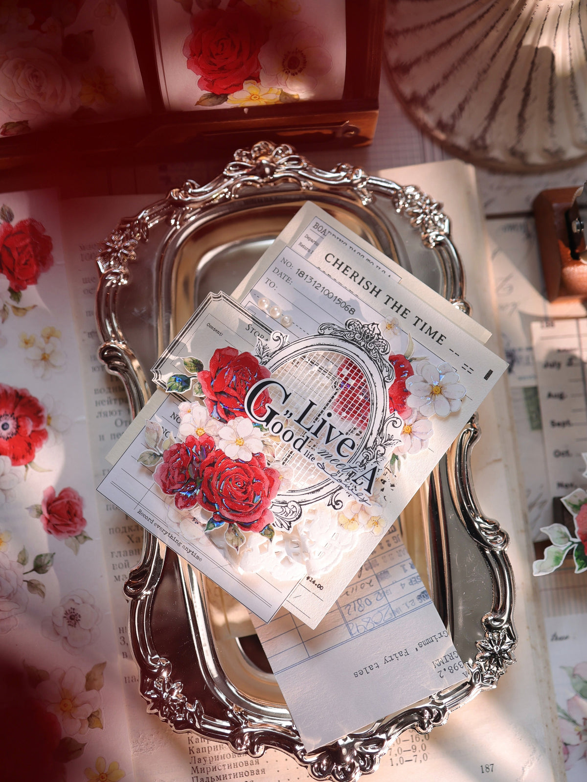 YiEr Vol18【Zhu Bai Qing Fang】Pre-cut Orginal Design Red Rose Washi Tape and PET Stickers