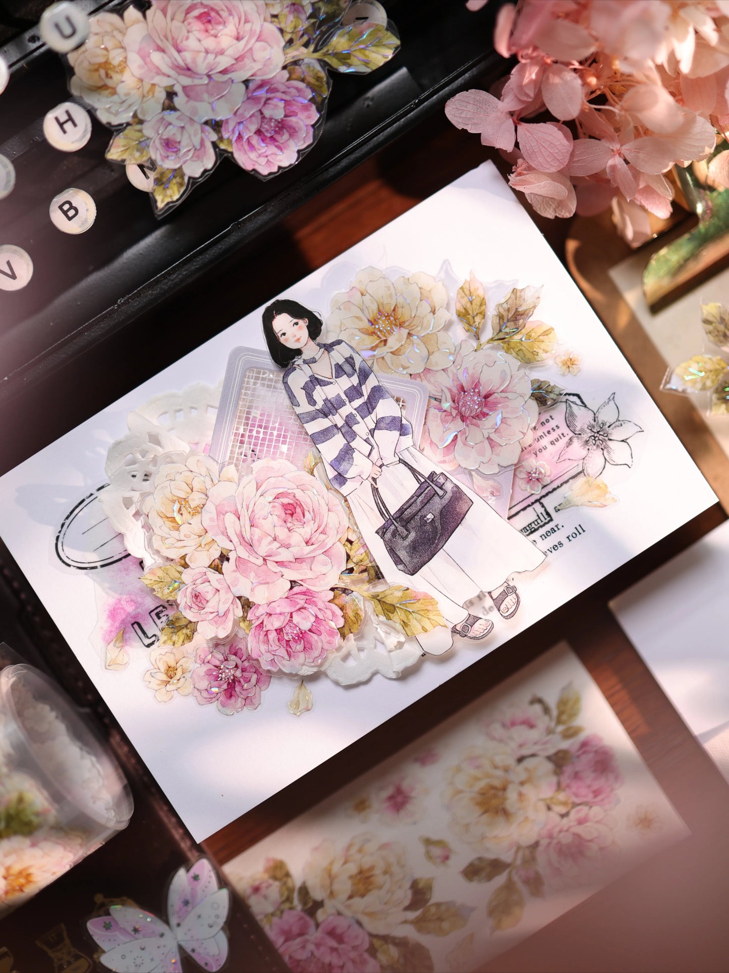 YiEr Vol17【Peach Mist and White Fluff】Kiss-cut Floral Washi Tape and PET Stickers