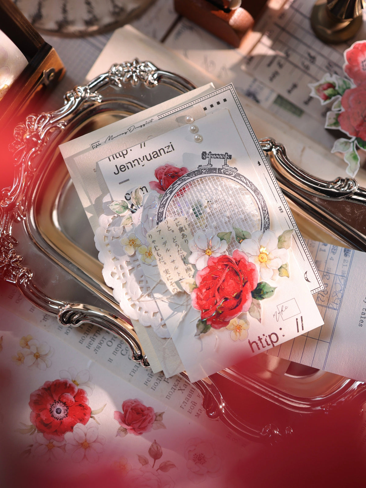 YiEr Vol18【Zhu Bai Qing Fang】Pre-cut Orginal Design Red Rose Washi Tape and PET Stickers