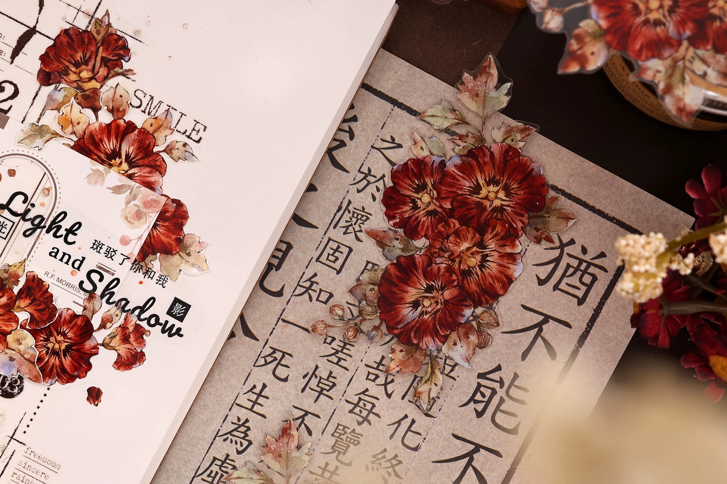 XiaoBaiJia【Hollyhock】Light Retro Red Orange Large and Small Flowers Orginal Design Washi Pet Tape Landscaping Stickers