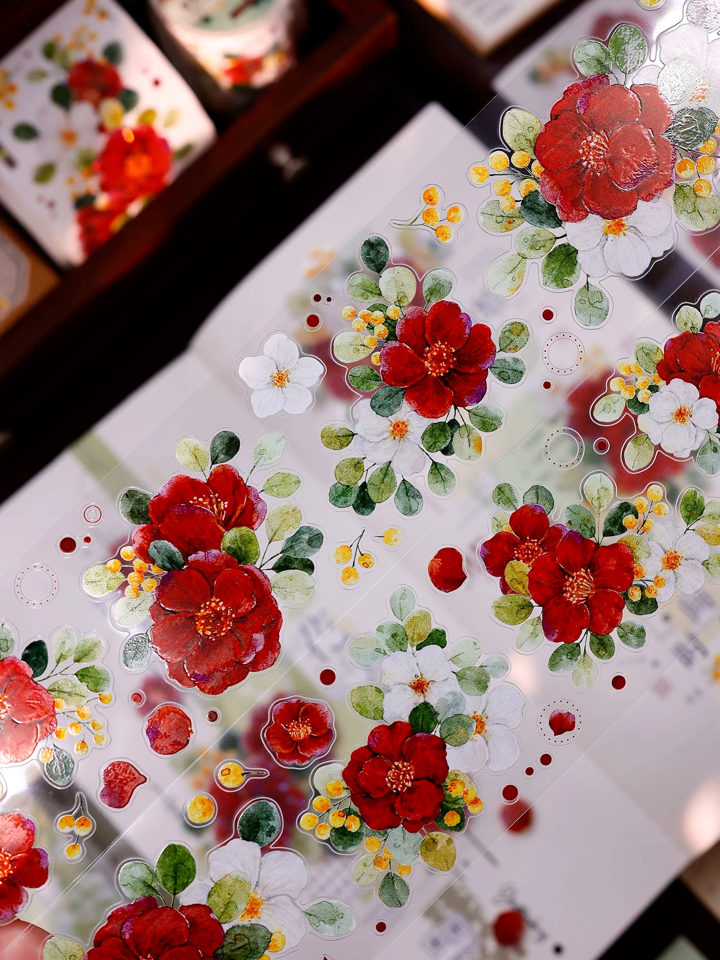 XiaoBaiJia Salt Series【Red Tea for Spring】Pre-cut Orginal Design Red and White Camellia Flowers Washi/Pet Tape Light Retro Stickers