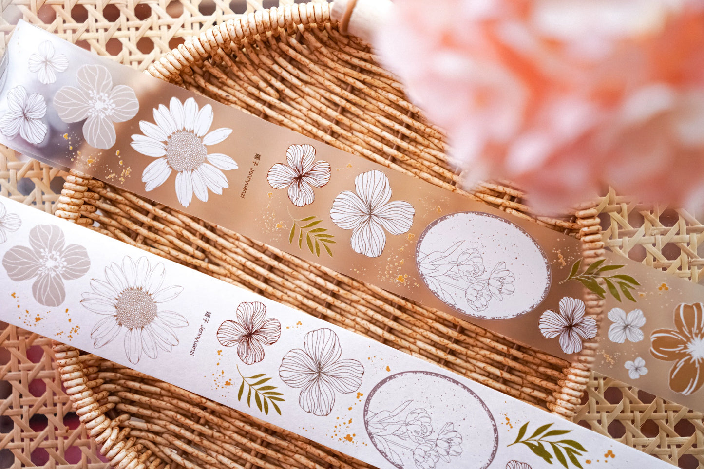 YuanZi Vol7【QiuMo】Orginal Design Washi/Pet Tape Light Retro Flowers Stickers,for Scrapbook Supplies,Scrapbook Tape Stickers,Junk Journal Supplies