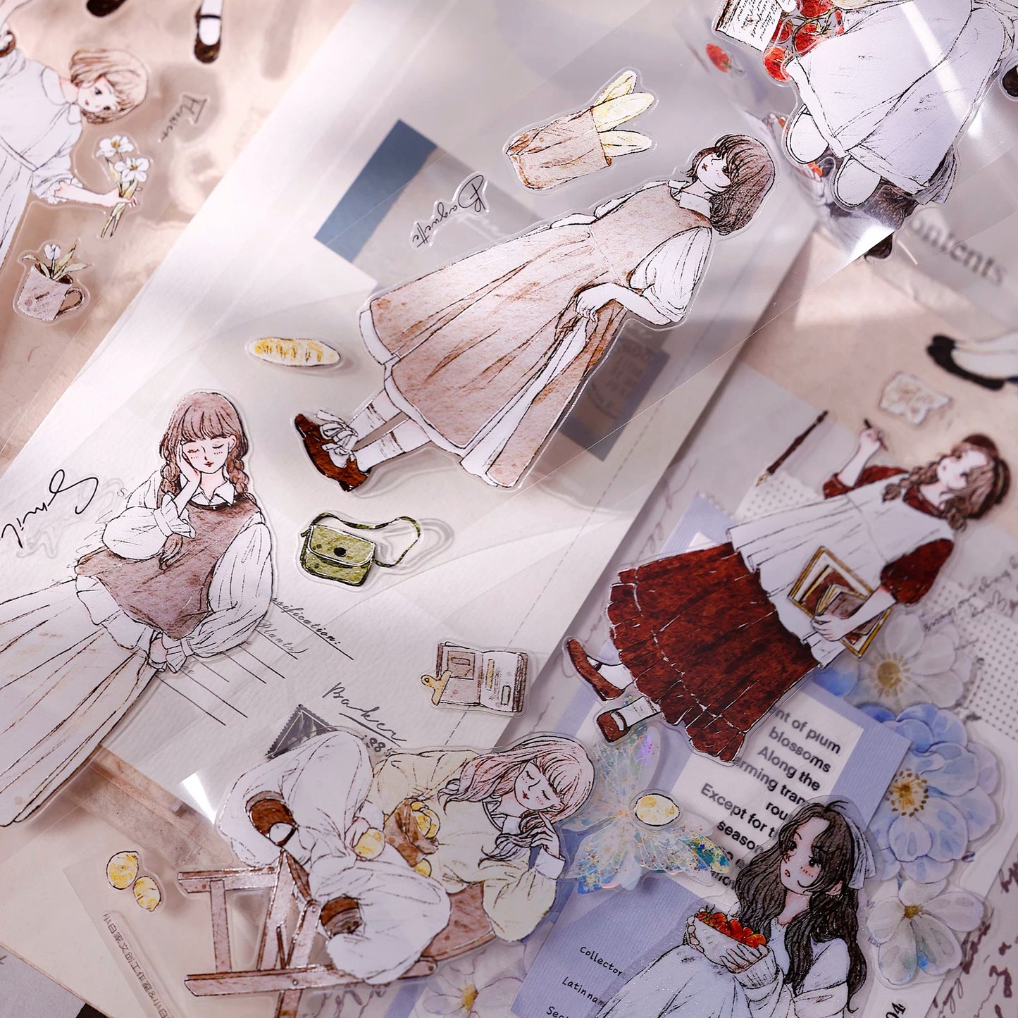XiaoBaiJia Salt Series【Poetic Girl】Pre-cut Orginal Design Washi Pet Tape Light Retro Stickers