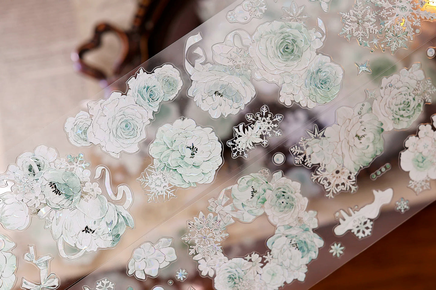XiaoBaiJia Salt Series【Peppermint Ice】Pre-cut Orginal Design Light Retro Blue and Green Floral Pattern Washi/Pet Tape Light Retro Stickers