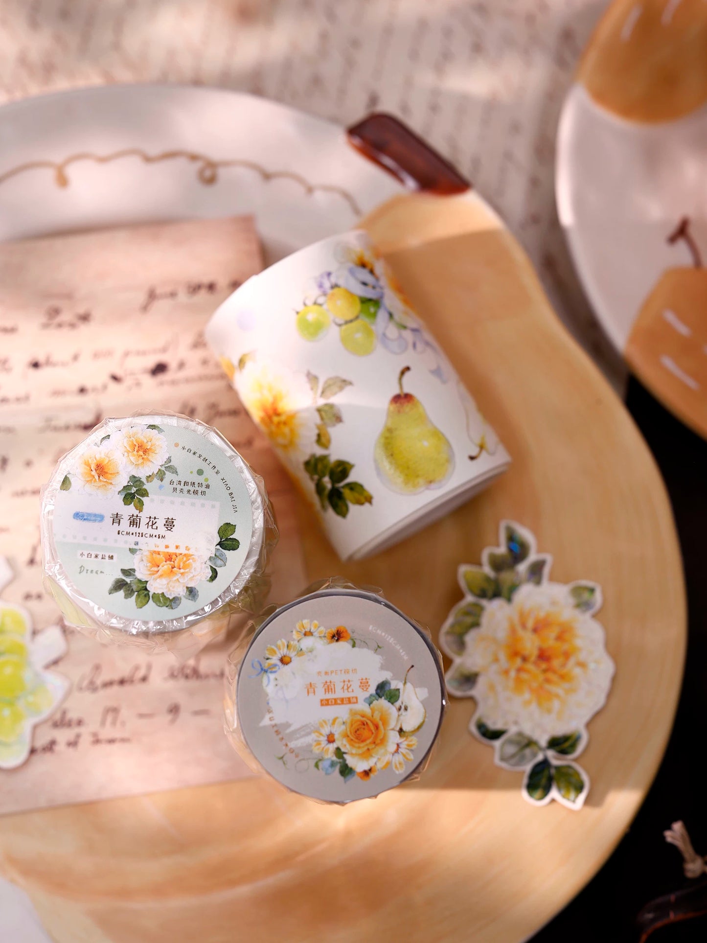 XiaoBaiJia【Green Grape Vine】Pre-cut Floral Orginal Design Washi Pet Tape Light Retro Stickers