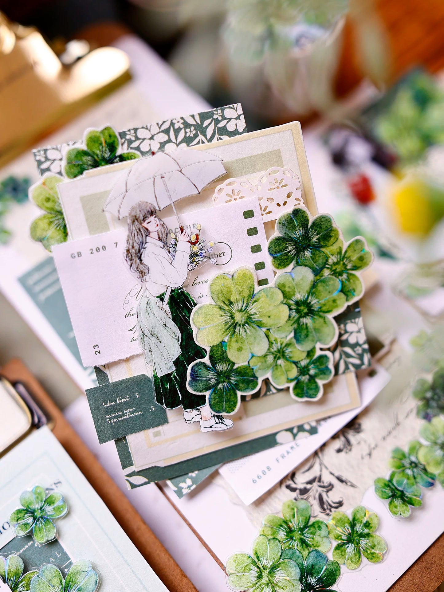 XiaoBaiJia【four-leaf clover】Orginal Design Kiss-cut Washi/Pet Floral Tape Light Retro Landscaping Stickers