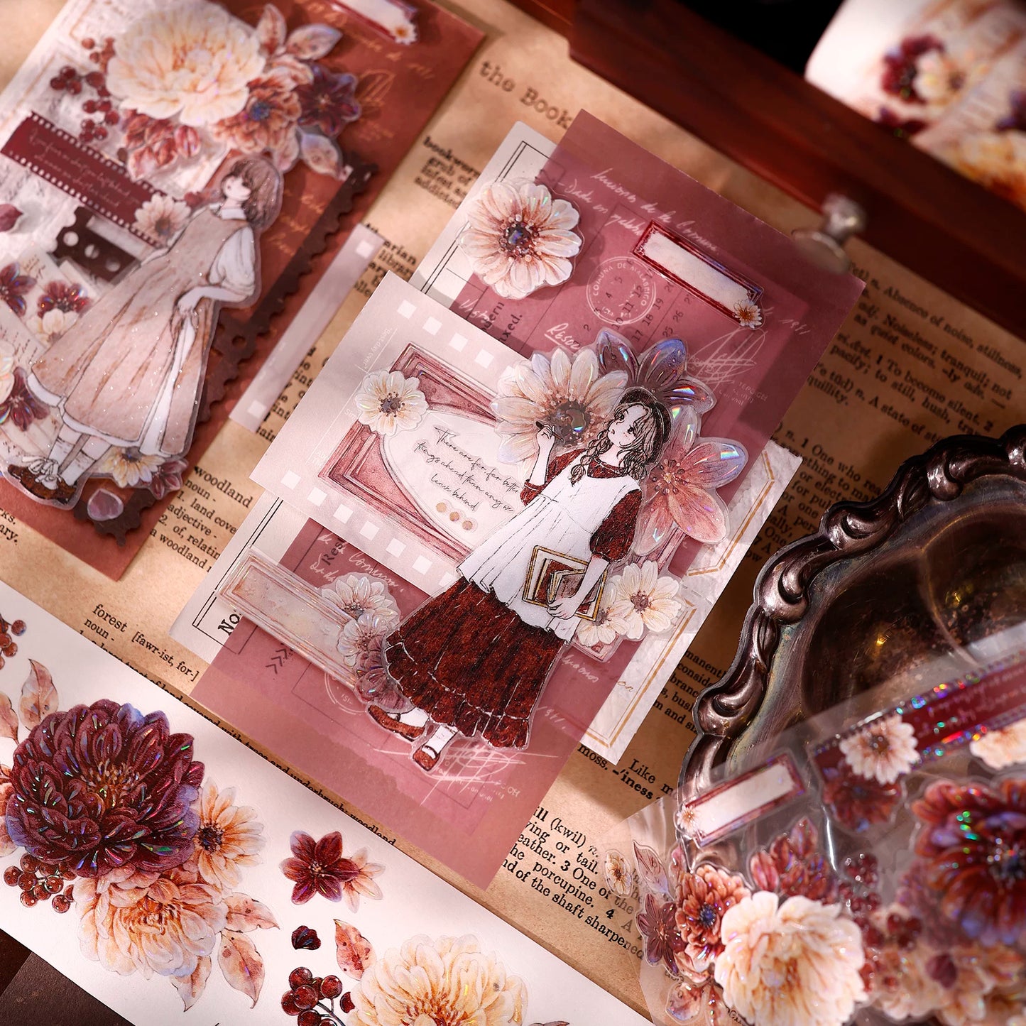 XiaoBaiJia【Peony Shadow Flower Description】Pre-cut Floral Orginal Design Washi Pet Tape Light Retro Stickers