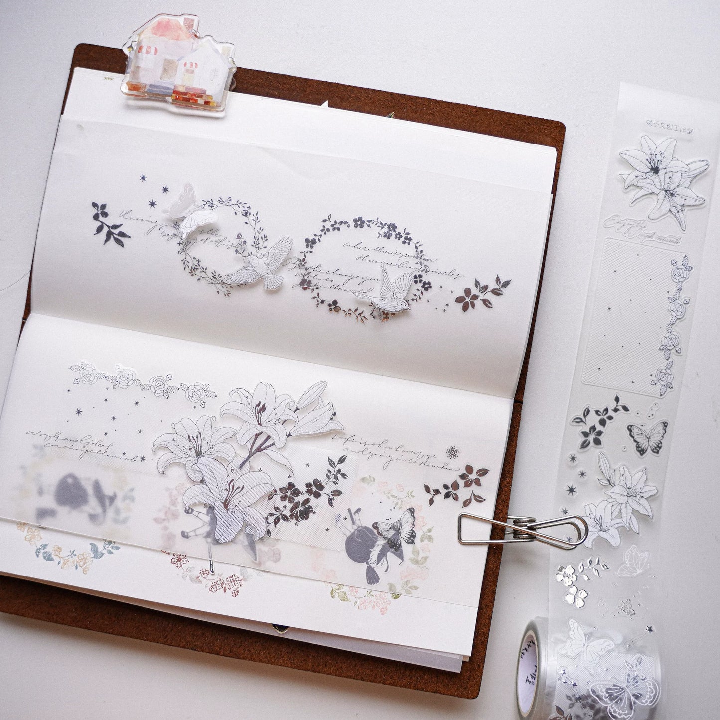 Yuanzi-Jennyuanzi【Licht Schatten】Vorgeschnittene Blumen Vogel Schmetterling Stern Kette Heißsilber Washi PET Tape