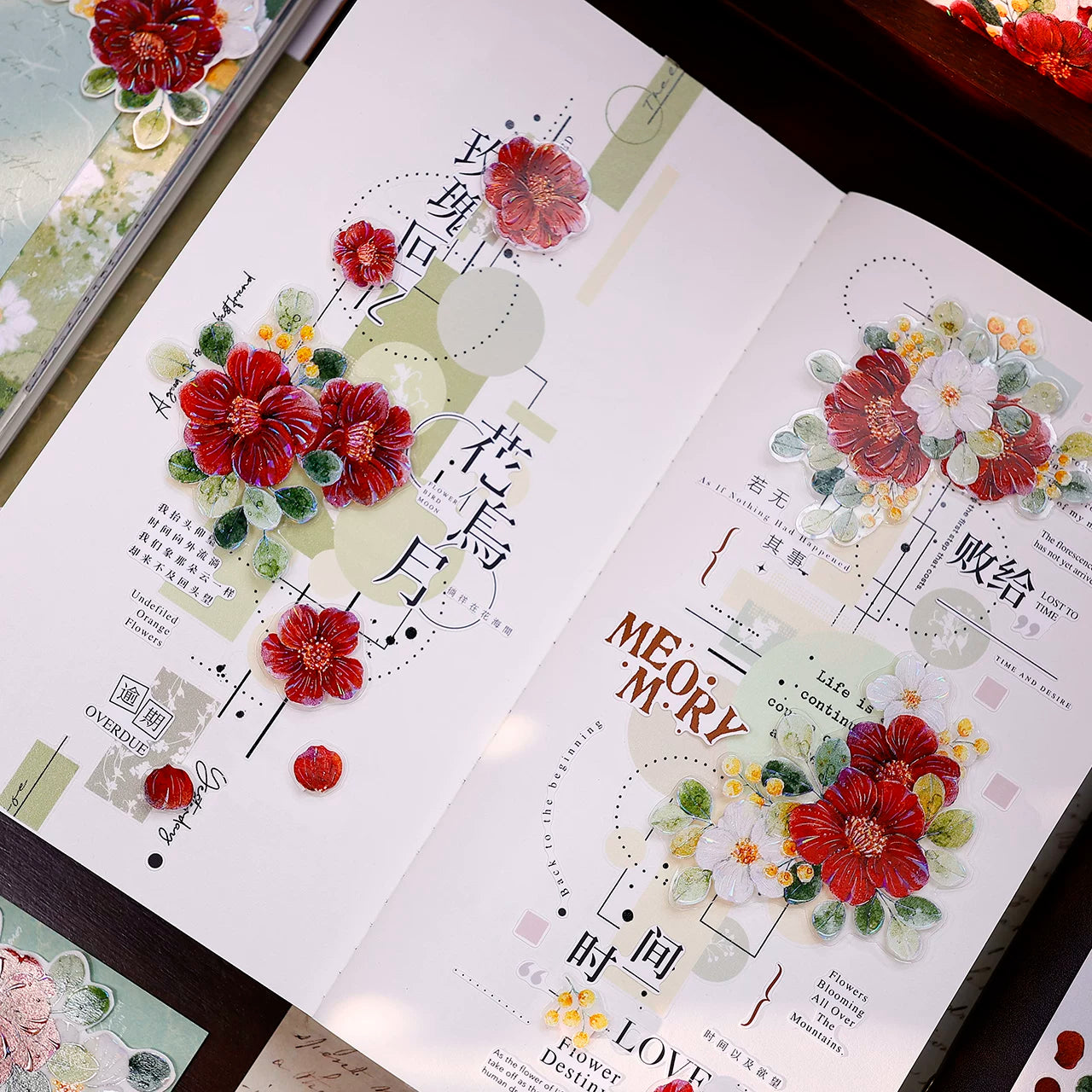 XiaoBaiJia Salt Series【Red Tea for Spring】Pre-cut Orginal Design Red and White Camellia Flowers Washi/Pet Tape Light Retro Stickers