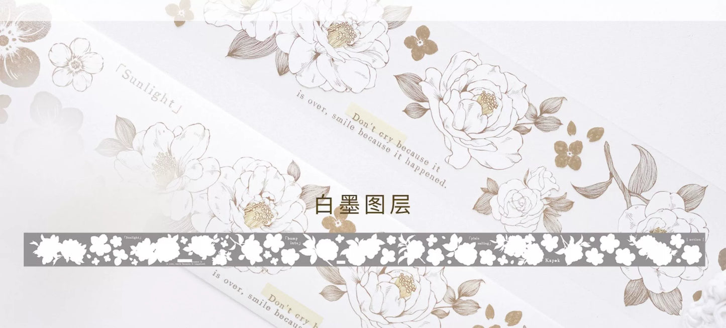 YuanZi Vol7【Misty White Camellia】Orginal Design Washi/Pet Tape Light Retro Flowers Stickers,for Scrapbook Supplies,Scrapbook Tape Stickers,Junk Journal Supplies
