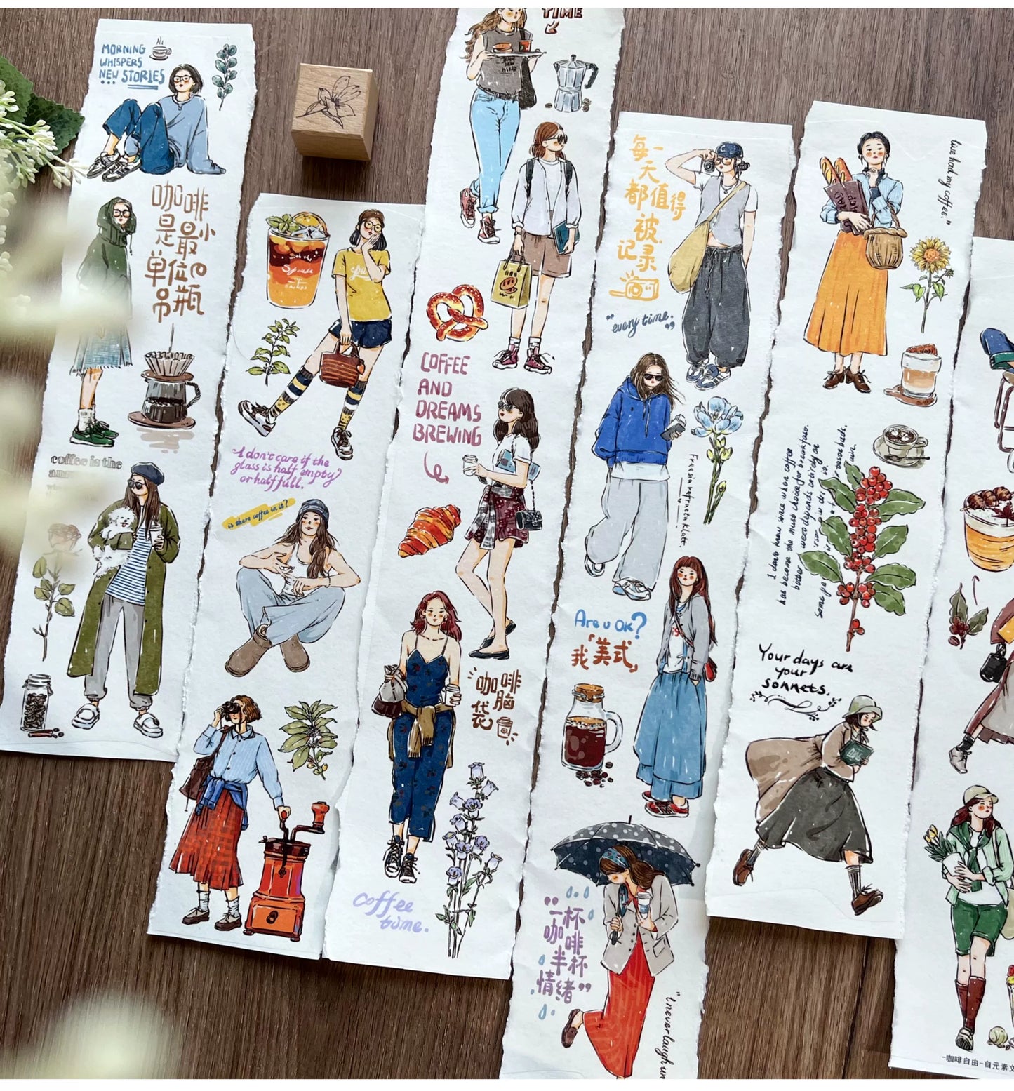 ZiYuanSu Vol12【Coffee Freedom&Comfortable Season】Pre-Cut Original Design Character Washi/PET Tape Stickers, for Scrapbook Supplies,Scrapbook Tape Stickers,Junk Journal Supplies, Journaling Stickers,Bullet Journals