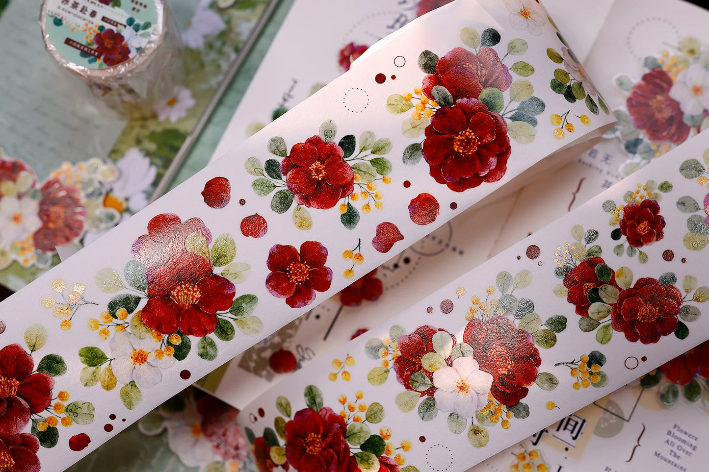 XiaoBaiJia Salt Series【Red Tea for Spring】Pre-cut Orginal Design Red and White Camellia Flowers Washi/Pet Tape Light Retro Stickers