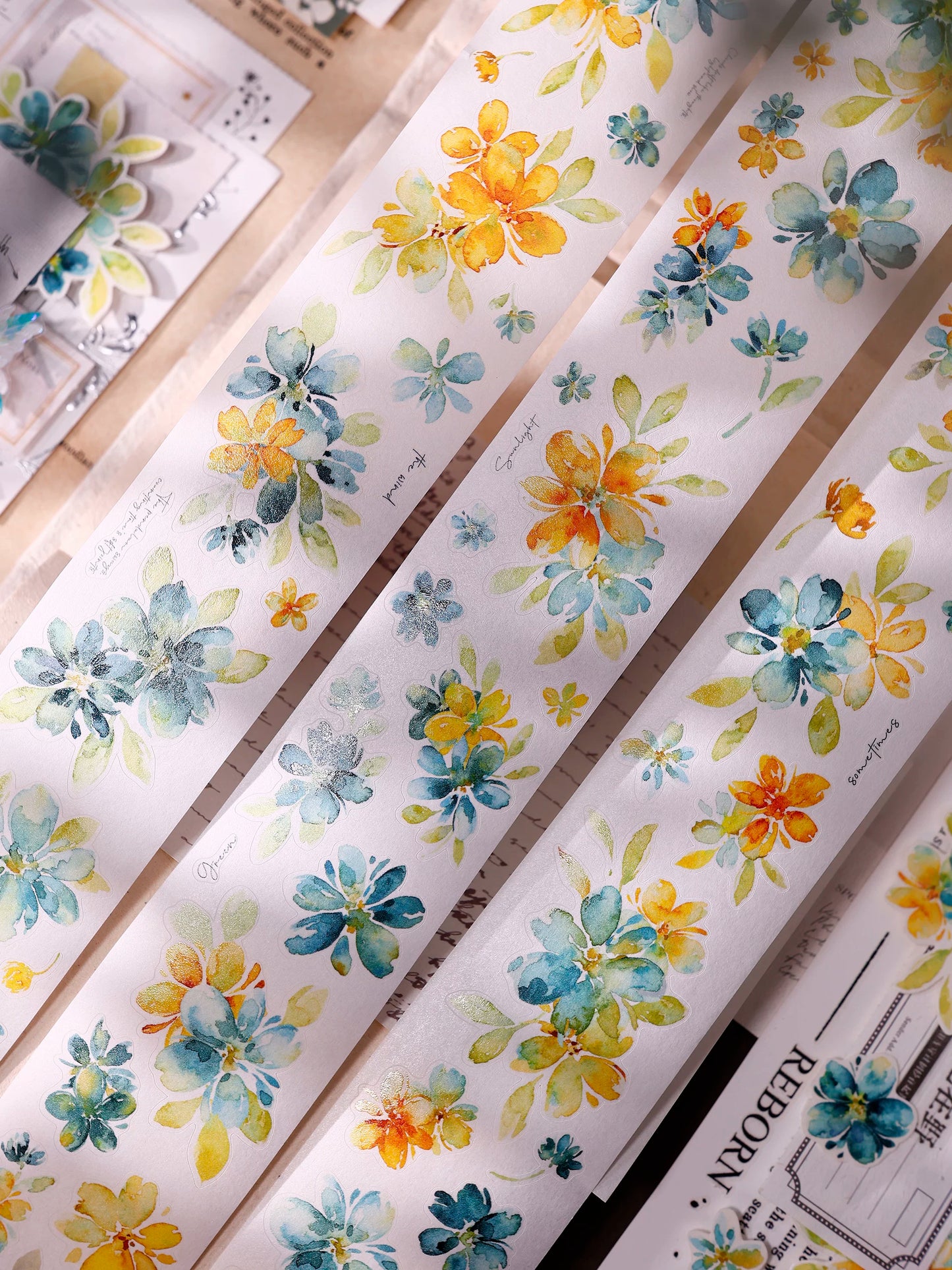 XiaoBaiJia【Picking Up Blue】Pre-cut Floral Orginal Design Washi Pet Tape Light Retro Stickers