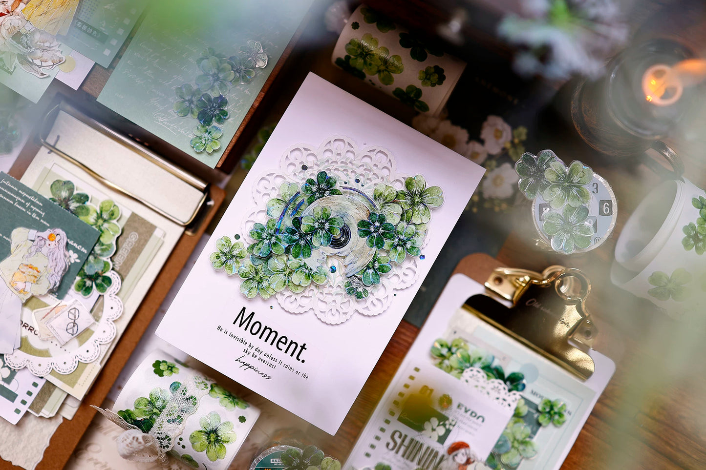 XiaoBaiJia【four-leaf clover】Orginal Design Kiss-cut Washi/Pet Floral Tape Light Retro Landscaping Stickers