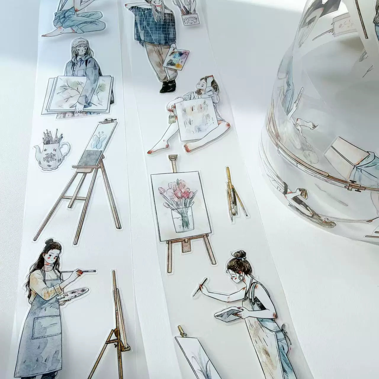 Kaixiaoxun Vol12【The Girl Who Draws】 Pre-Cut Long Loop Washi/Matte PET Tape for Scrapbook Supplies,Junk Journal Supplies