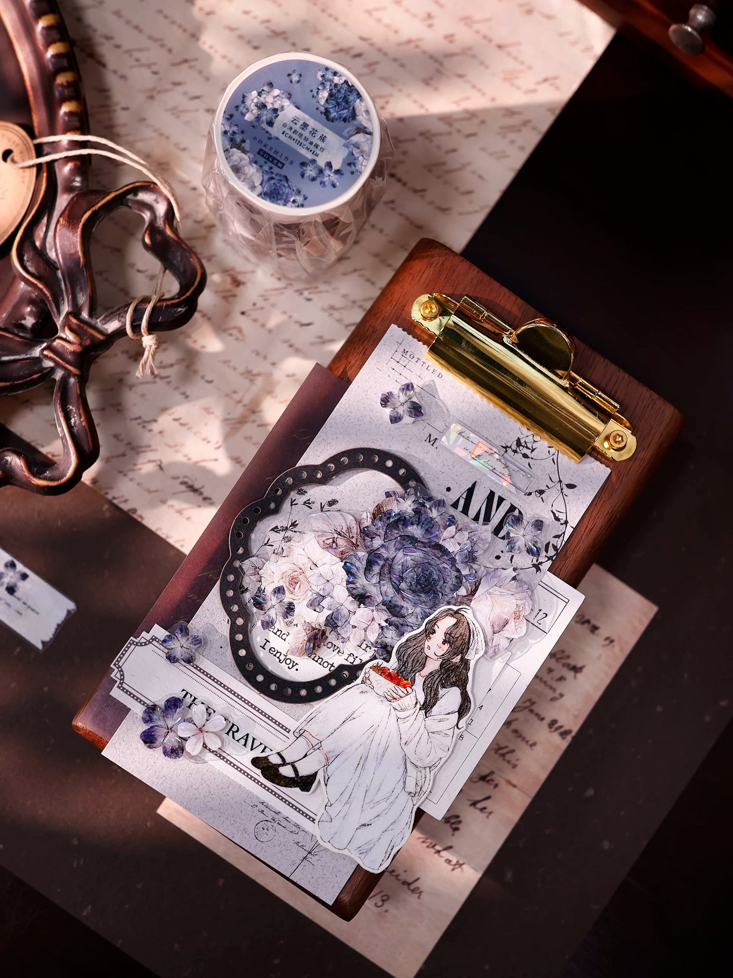 XiaoBaiJia【Cloud Ink Flower Cluster】Pre-cut Floral Orginal Design Washi Pet Tape Light Retro Stickers