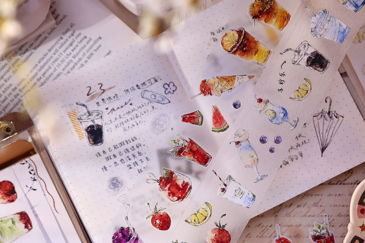 XiaoBaiJia Minimalist Style【Cool Summer】Drink Milk Tea,Pre-cut Light Retro Orginal Design Washi Pet Tape Landscape Stickers