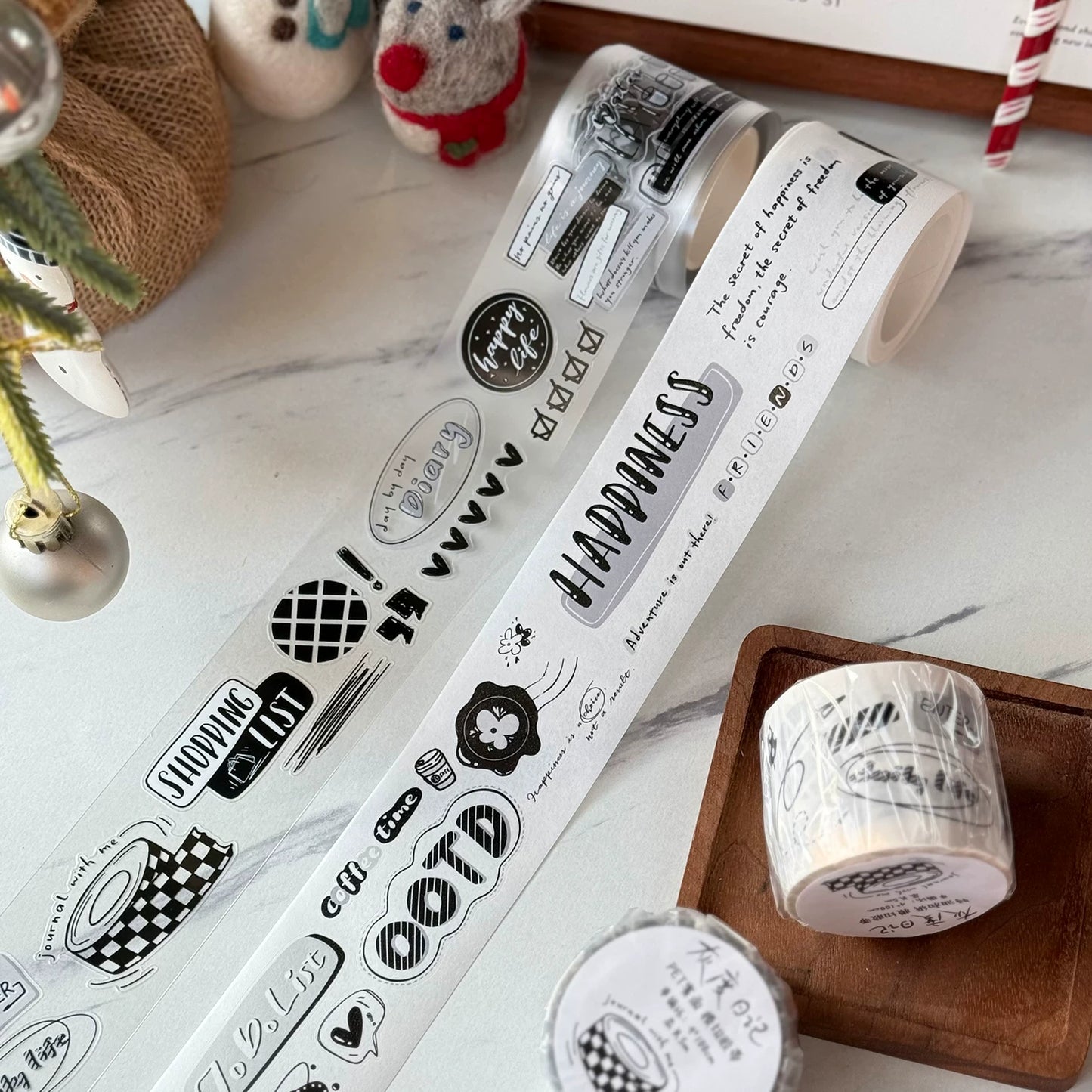 Wait Studio【Grayscale Diary】 Pre-cut Light Retro Black and White Text Washi/PET Tape