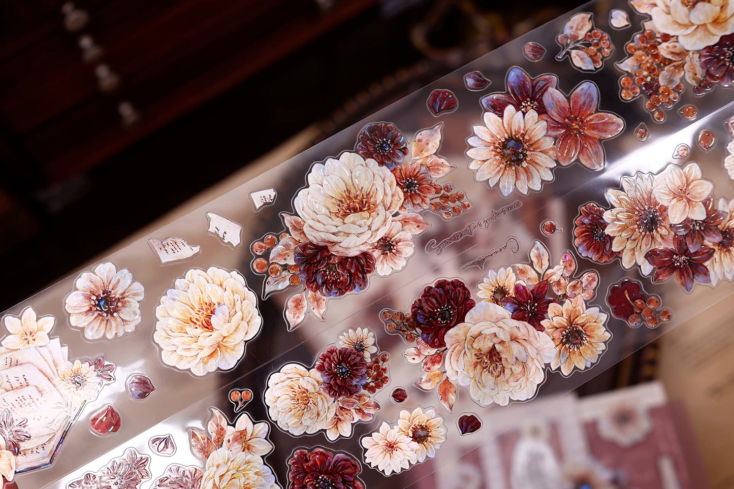 XiaoBaiJia【Peony Shadow Flower Description】Pre-cut Floral Orginal Design Washi Pet Tape Light Retro Stickers