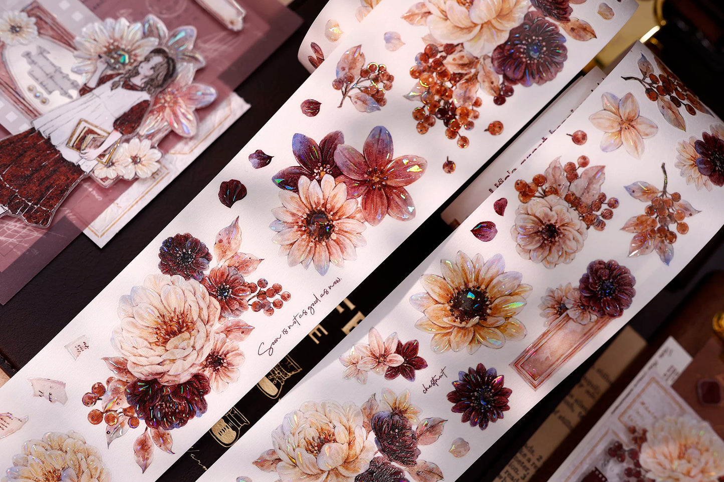 XiaoBaiJia【Peony Shadow Flower Description】Pre-cut Floral Orginal Design Washi Pet Tape Light Retro Stickers