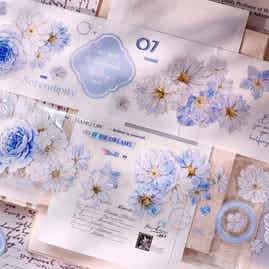XiaoBaiJia【Light Blue Floral Trace】Orginal Design Floral Washi Pet Tape Light Retro Landscaping Stickers