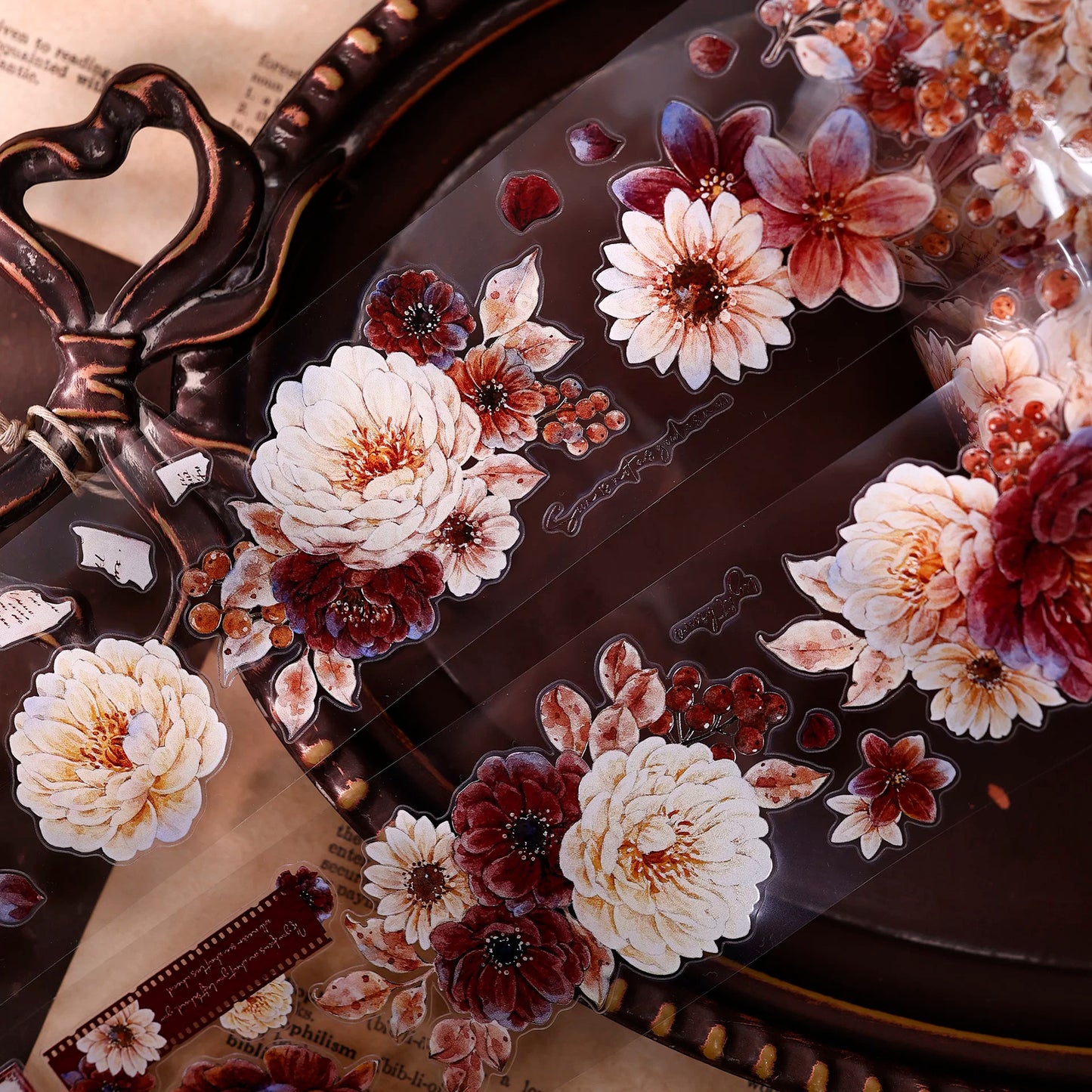 XiaoBaiJia【Peony Shadow Flower Description】Pre-cut Floral Orginal Design Washi Pet Tape Light Retro Stickers