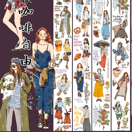 ZiYuanSu Vol12【Coffee Freedom&Comfortable Season】Pre-Cut Original Design Character Washi/PET Tape Stickers, for Scrapbook Supplies,Scrapbook Tape Stickers,Junk Journal Supplies, Journaling Stickers,Bullet Journals