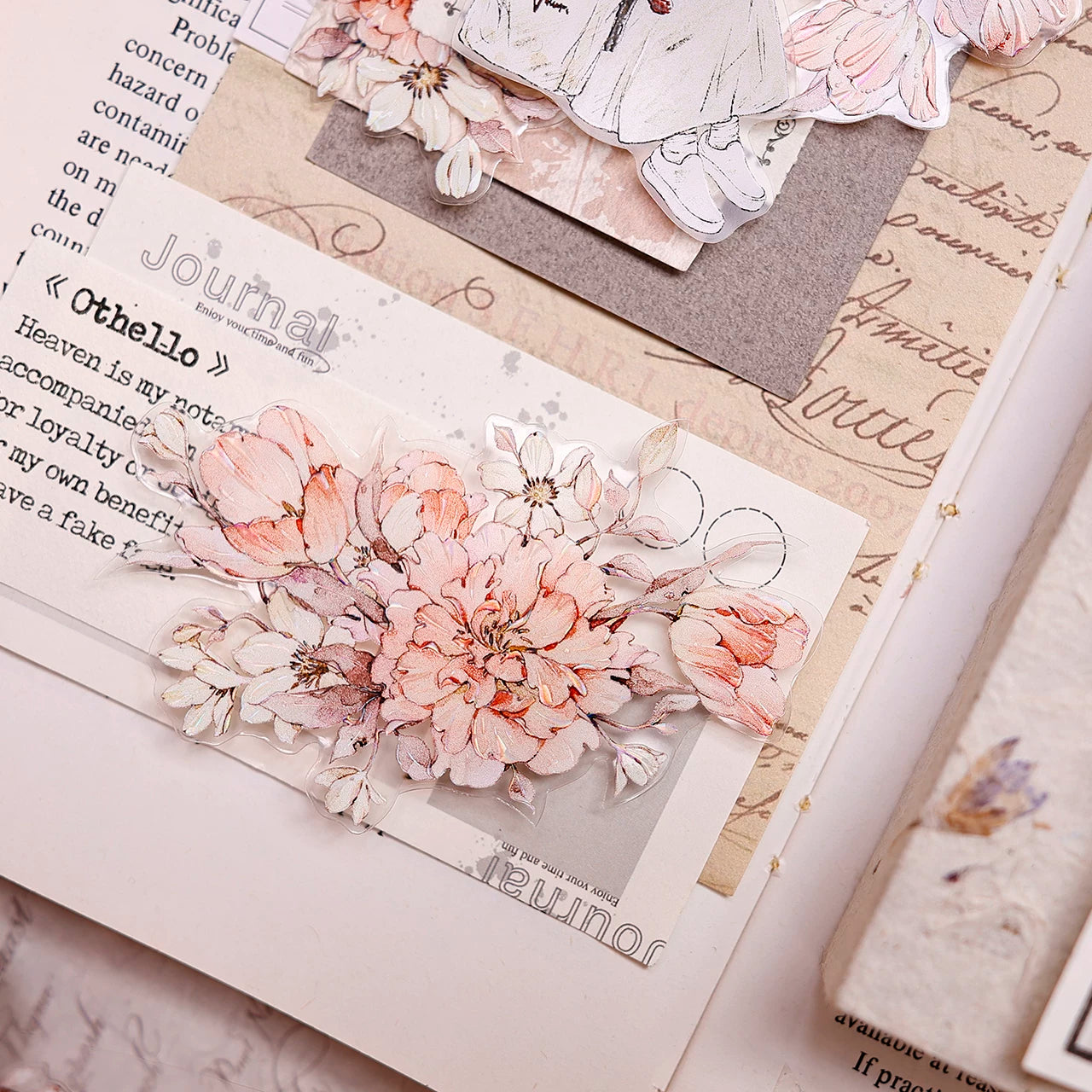 XiaoBaiJia Salt Series【Orange Shadow】Pre-cut Orginal Design Vintage Peony Flowers Washi/Pet Tape Light Retro Stickers