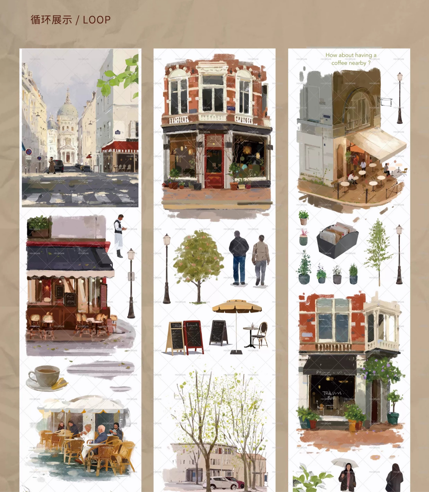 Moodtape【Walking and Drinking Coffee】Original Washi Tape Street View Coffee Stickers