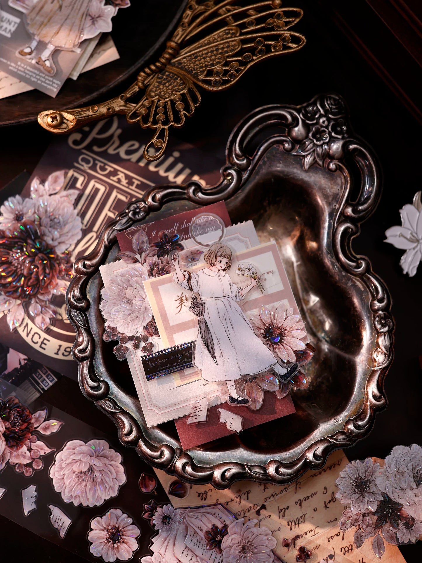 XiaoBaiJia【Brown Shadow Old Paper】Pre-cut Floral Orginal Design Washi Pet Tape Light Retro Stickers