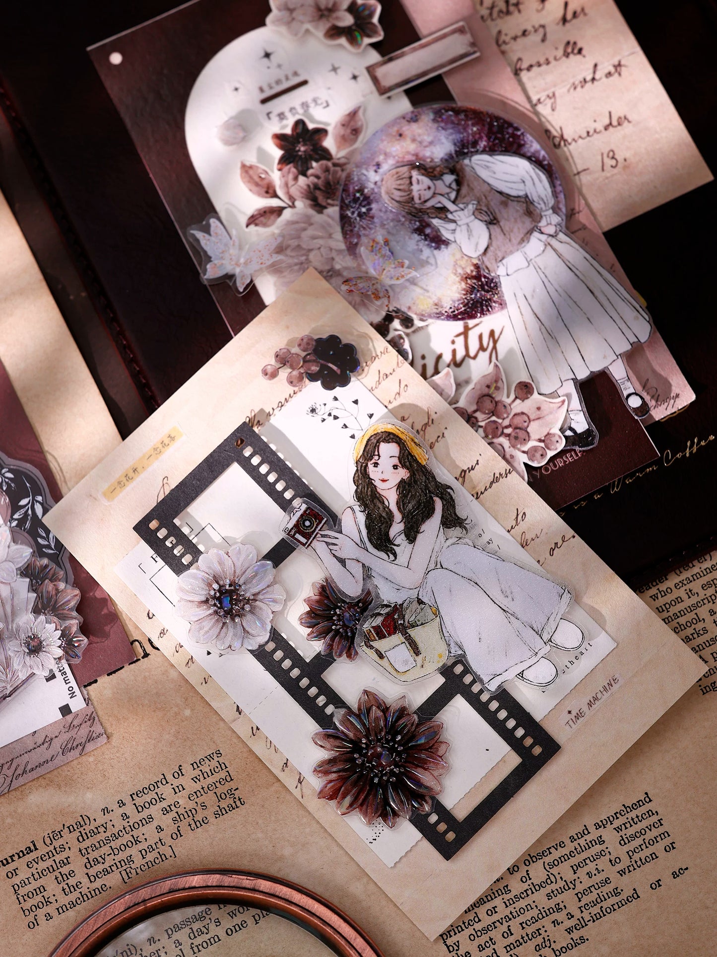 XiaoBaiJia【Brown Shadow Old Paper】Pre-cut Floral Orginal Design Washi Pet Tape Light Retro Stickers