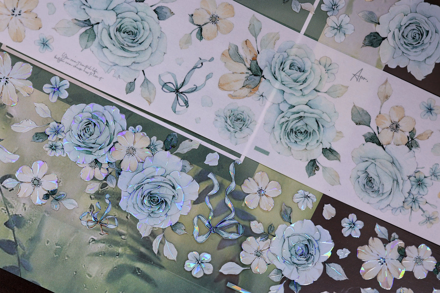 XiaoBaiJia【Clear Sky/Morning Mist】Light Retro Mint Green Flower Orginal Design Washi Pet Floral Tape Landscaping Stickers
