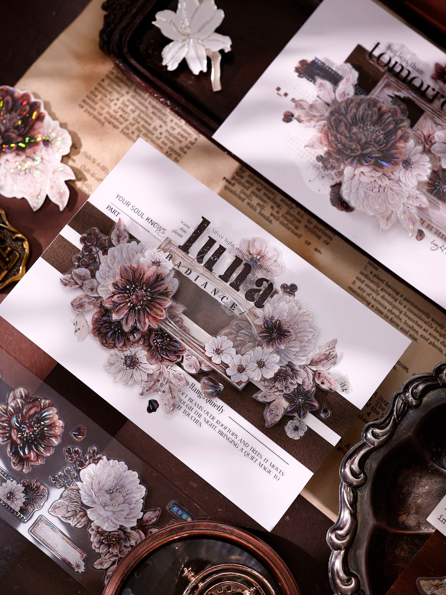XiaoBaiJia【Brown Shadow Old Paper】Pre-cut Floral Orginal Design Washi Pet Tape Light Retro Stickers