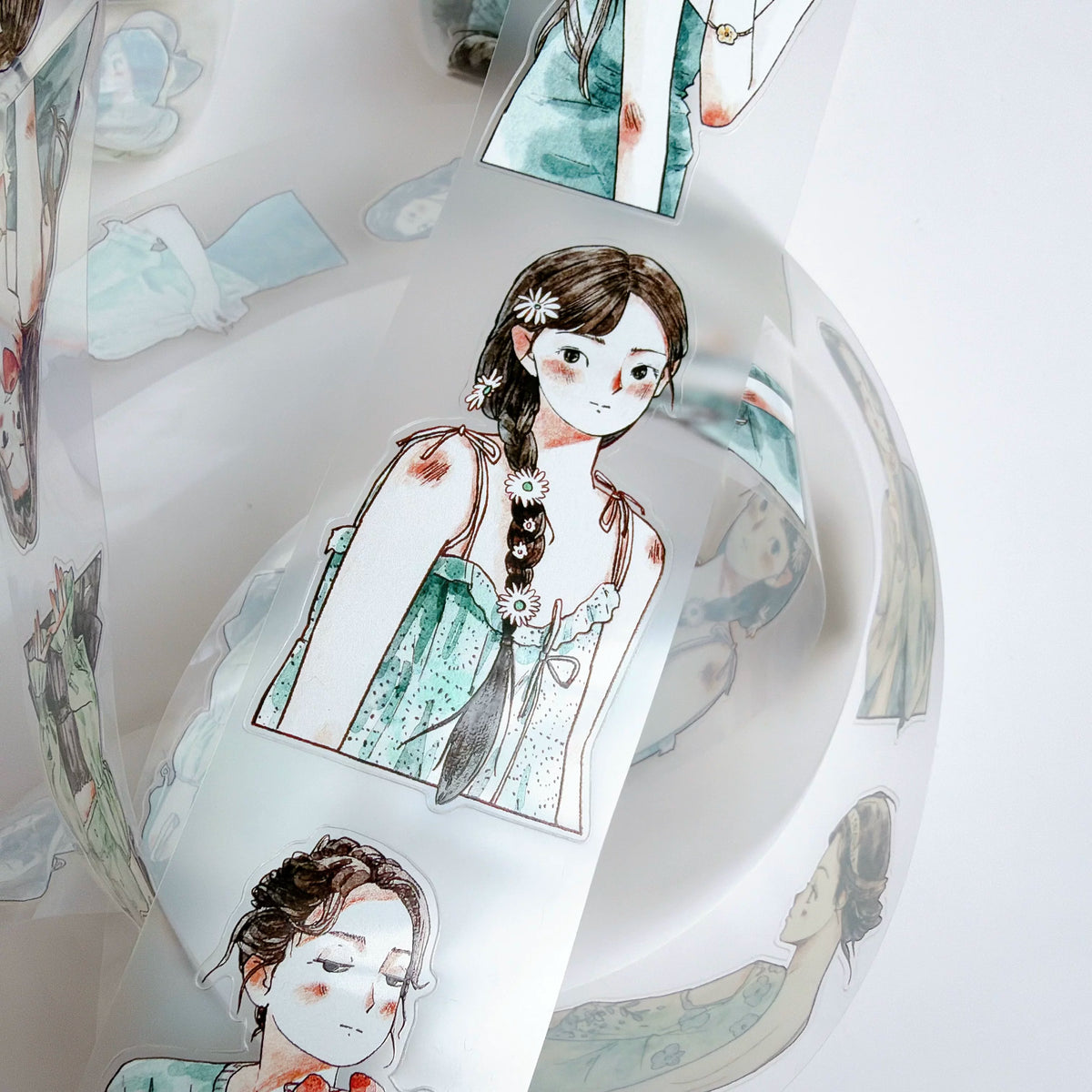 Kaixiaoxun Vol14【Minty Cool】 Pre-Cut Long Loop Washi/Matte PET Tape for Scrapbook Supplies,Junk Journal Supplies