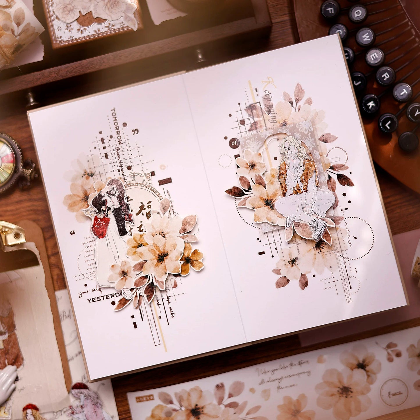 XiaoBaiJia Salt Series【Warm Yellow Fragrant Branches】Pre-cut Orginal Design Washi/Pet Tape Light Retro Stickers